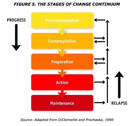 5 stage model in the following order, precontemplation, contemplation, preparation, action and maintenance.